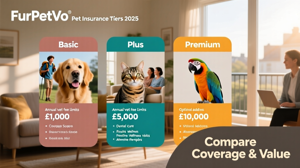 Side-by-side comparison chart showing how FurPetVo's three pet insurance tiers differ in coverage, vet fee limits, and optional extras like dental or wellness benefits