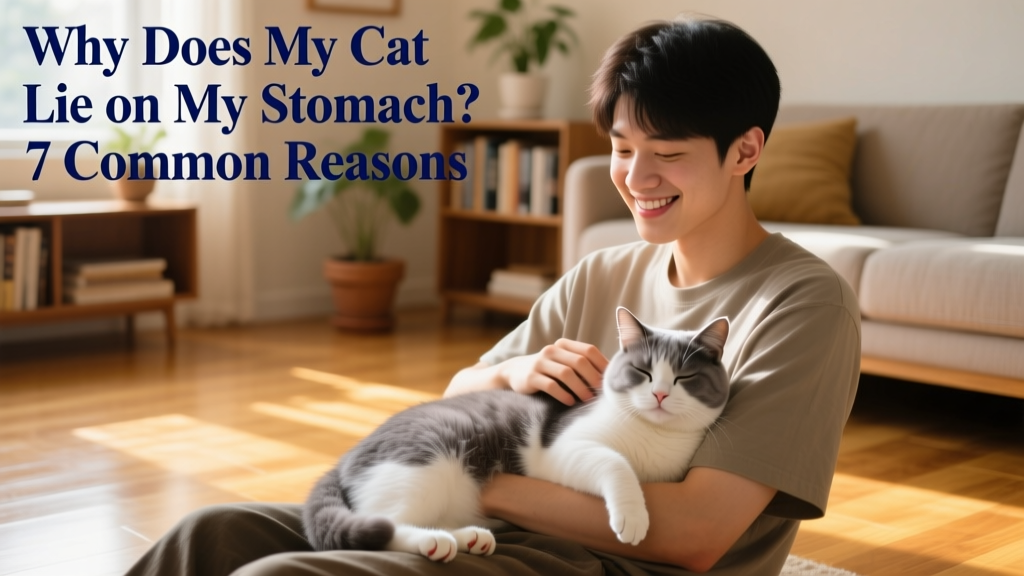 A person smiling while gently stroking a cat that is lying across their lap and stomach on a sunlit floor