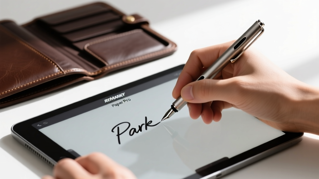 Hands holding a Lamy AL-star EMR stylus writing on a reMarkable Paper Pro screen with a leather folio case in background