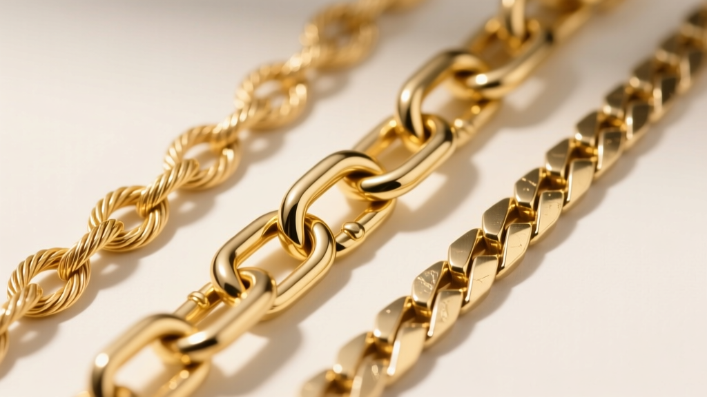 Macro shot of three gold chain links side-by-side: a delicate cable chain, a chunky paperclip chain, and a flat herringbone chain