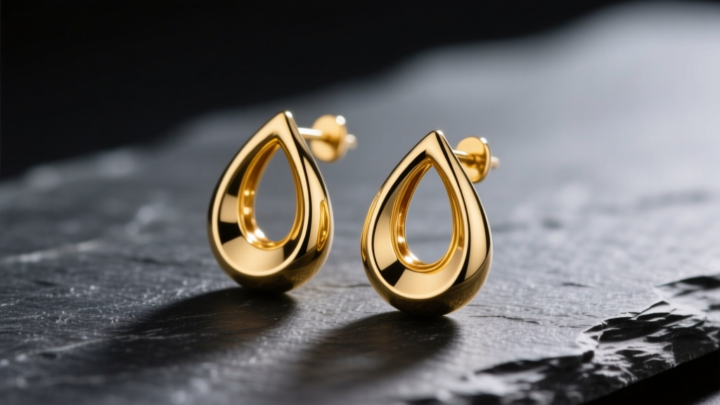 Close-up of solid 14k yellow gold tiny teardrop earrings resting on dark slate, illuminated by soft directional studio lighting.