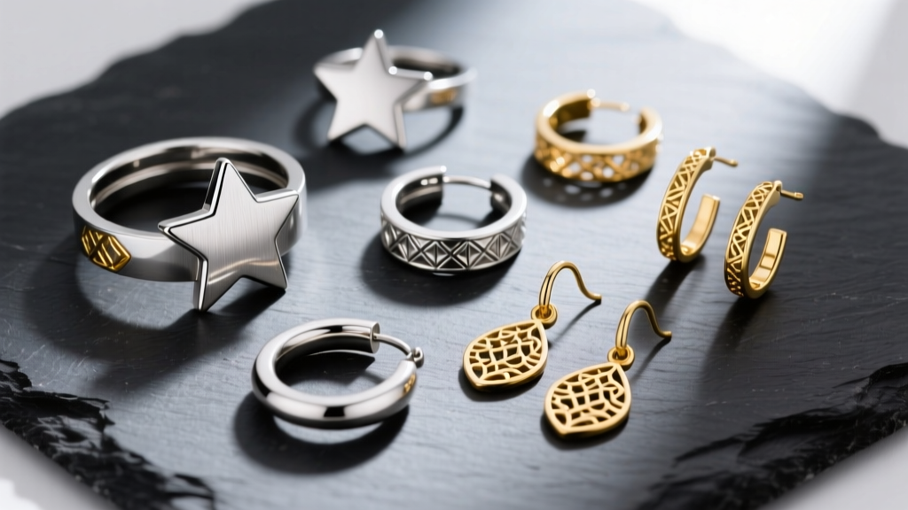 Overhead flat lay of various star-shaped ear cuffs, titanium helix hoops, and gold lobe drops arranged on dark slate.