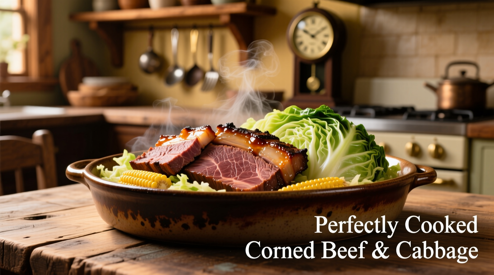 Perfectly cooked corned beef and cabbage on platter
