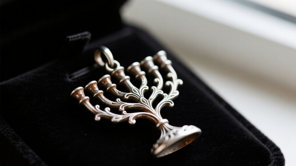 Close-up of a tarnished 925 sterling silver menorah necklace pendant on dark velvet, highlighting oxidized intricate branches.