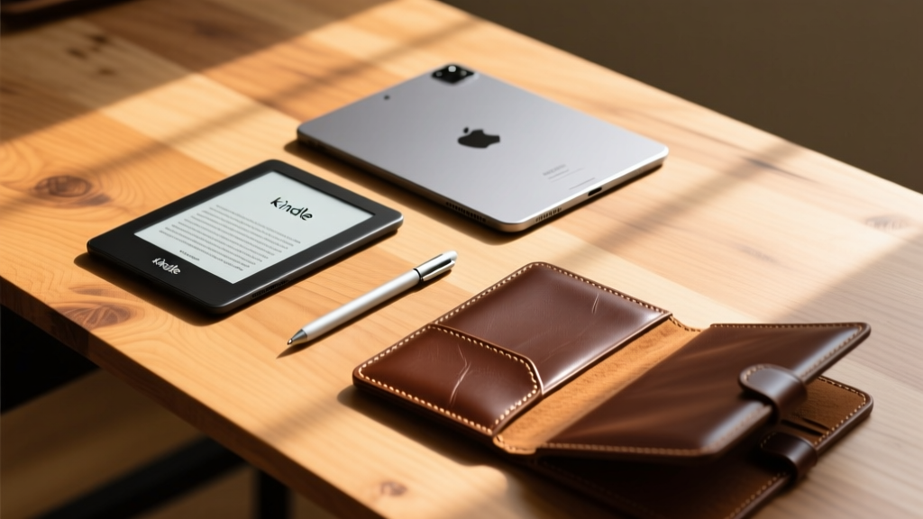 Flat lay of a Kindle Scribe, iPad Pro, stylus, and leather folio on a wooden desk, bathed in warm morning light.