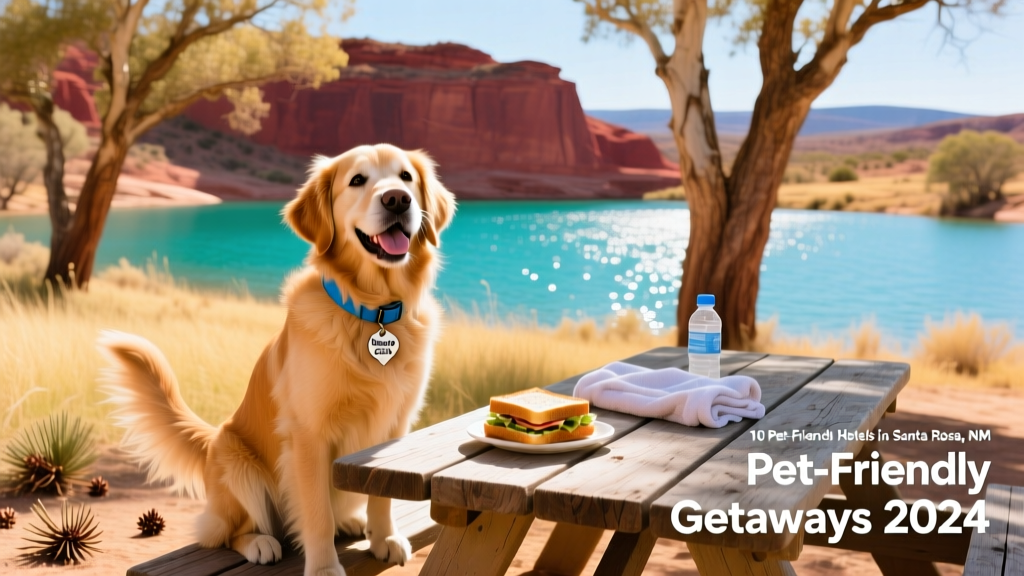 A happy dog sitting beside a picnic table at the Blue Hole recreation area near Santa Rosa, NM, with clear blue water in the background