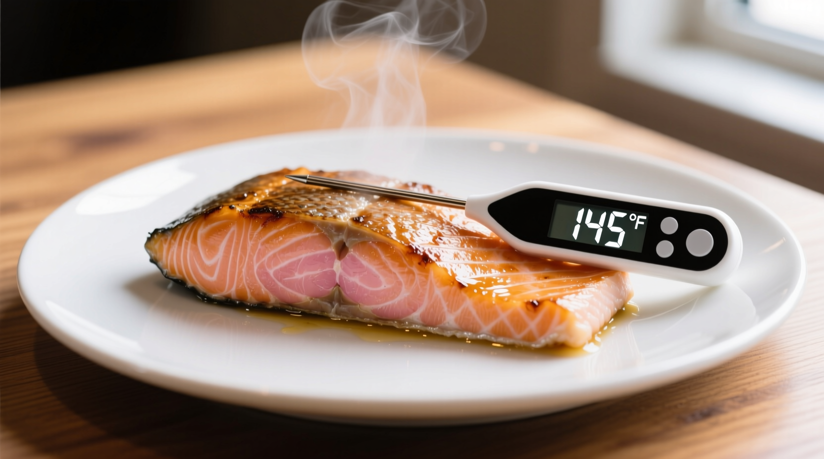 Salmon fillet with digital thermometer showing 145 degrees