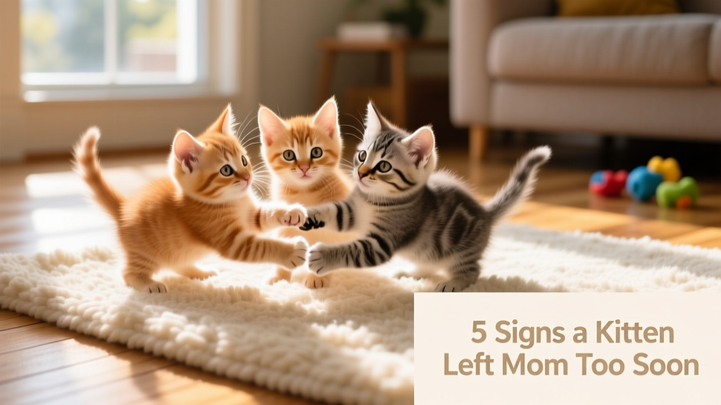 Three playful kittens wrestling gently together on a soft rug