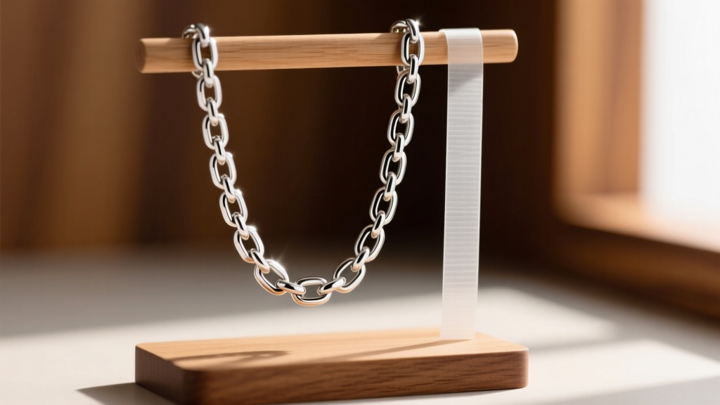 Macro shot of a polished platinum figaro chain link necklace hanging vertically from a wooden stand next to an anti-tarnish strip.