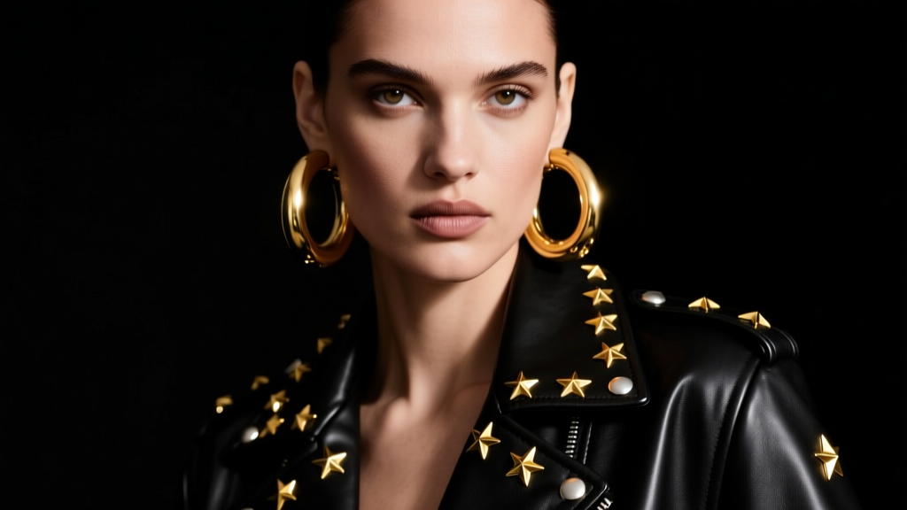 Gold vermeil star studs and chunky hoops styled on a model in a leather jacket, captured in moody, high-contrast studio lighting.