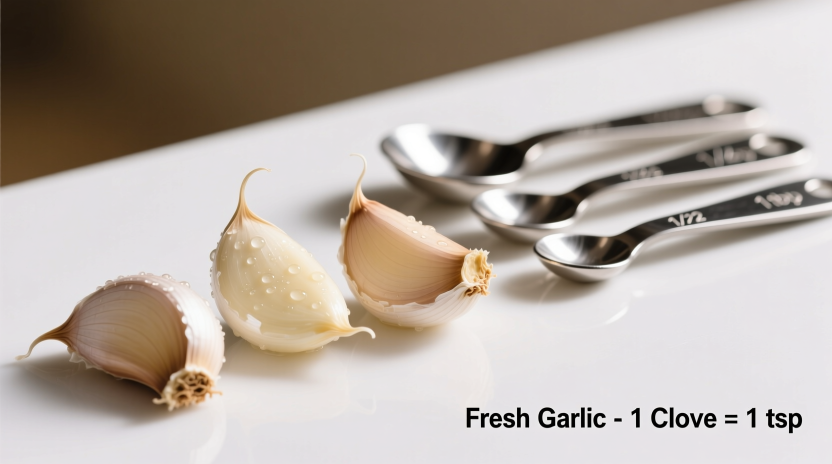 Four peeled garlic cloves next to measuring spoons