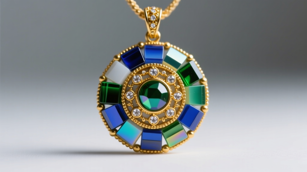 Macro photography of Roman glass mosaic beads and gold granulation details on a Hellenistic pendant under soft gallery lighting
