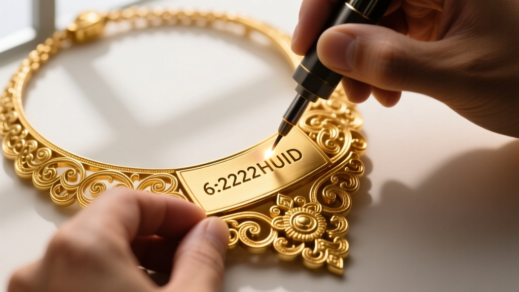 Close-up of a jeweler using a laser to engrave a 6-digit HUID hallmark code onto the clasp of a heavy 22k gold temple necklace