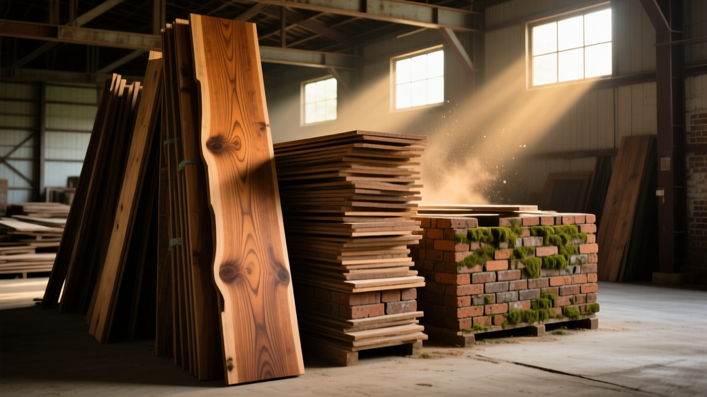Stacks of reclaimed old-growth heart pine flooring and weathered Moravian bricks inside a dimly lit architectural salvage warehouse in North Carolina