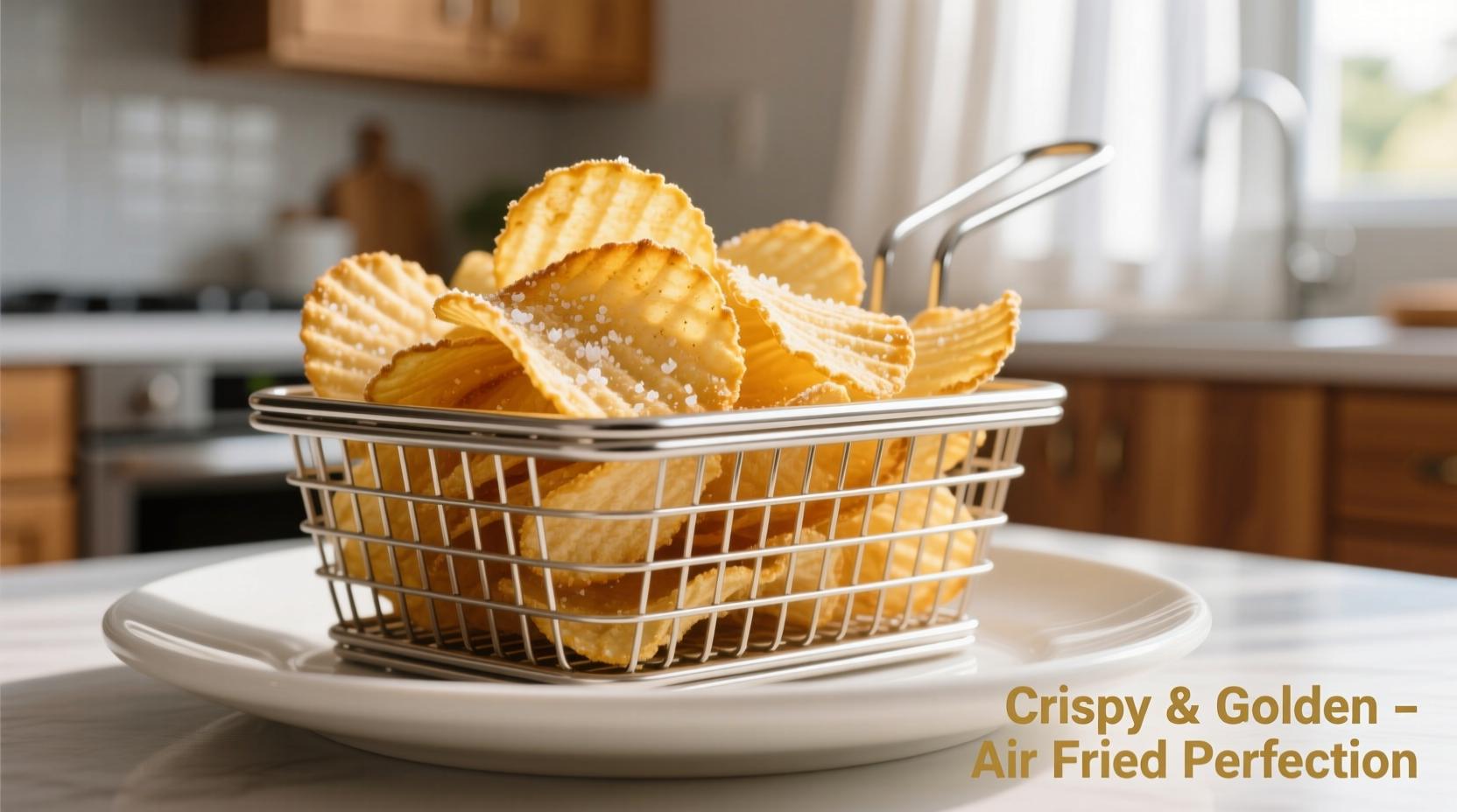 Perfectly golden air fried frozen chips in basket