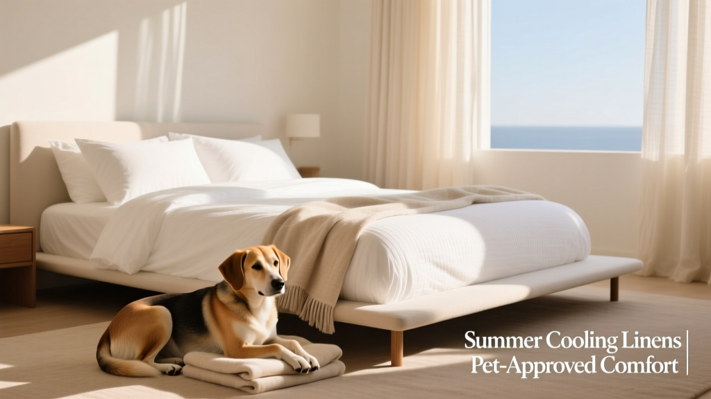 A sunlit bedroom with crisp white percale sheets on a bed, a relaxed dog curled up at the foot of the bed
