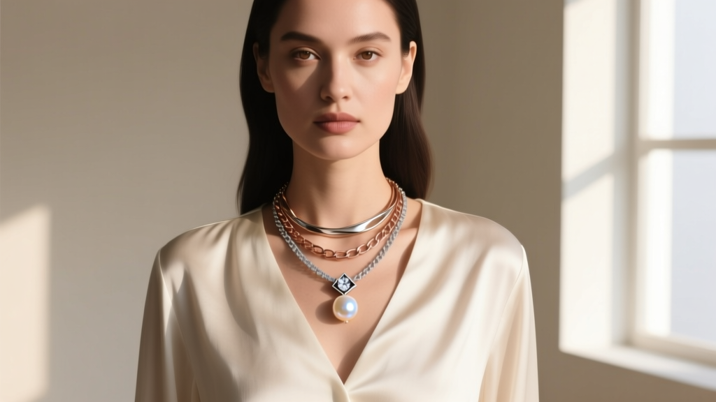 Stylish woman in a silk blouse wearing a mixed-metal layered necklace set featuring a small diamond solitaire and a baroque pearl