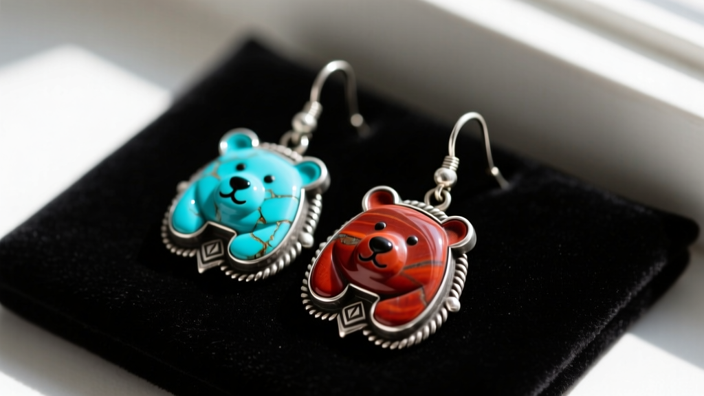 Zuni bear fetish earrings carved from turquoise and red pipestone, set in oxidized sterling silver resting on a dark velvet pad