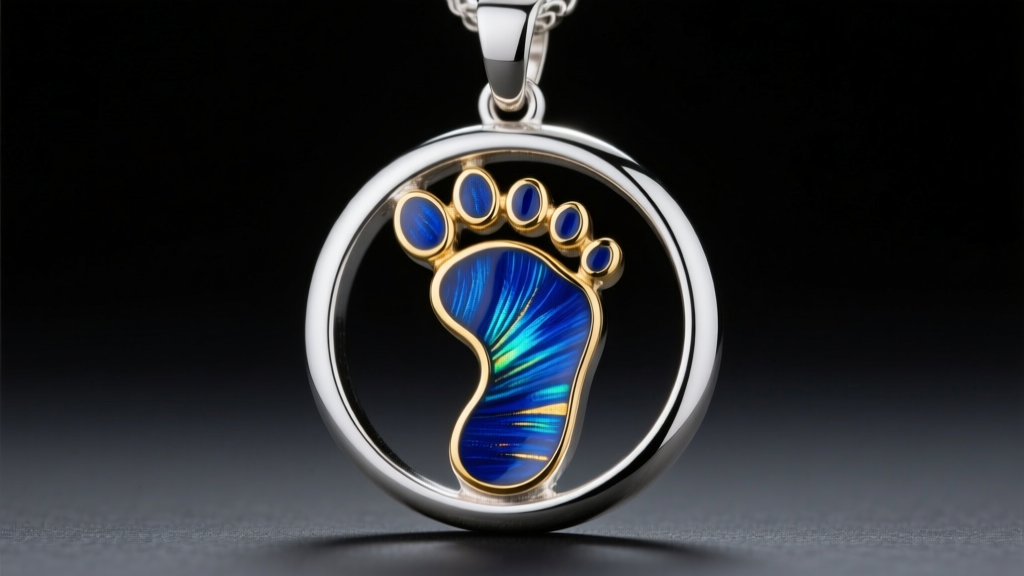 Macro view of a Mufasa footprint pendant with vibrant vitreous enamel inlay set into recessed sterling silver under studio lighting.