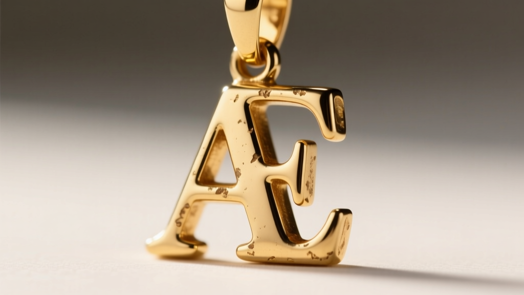 Macro shot of a gold-plated initial pendant showing slight edge wear where the underlying brass base metal begins to show through