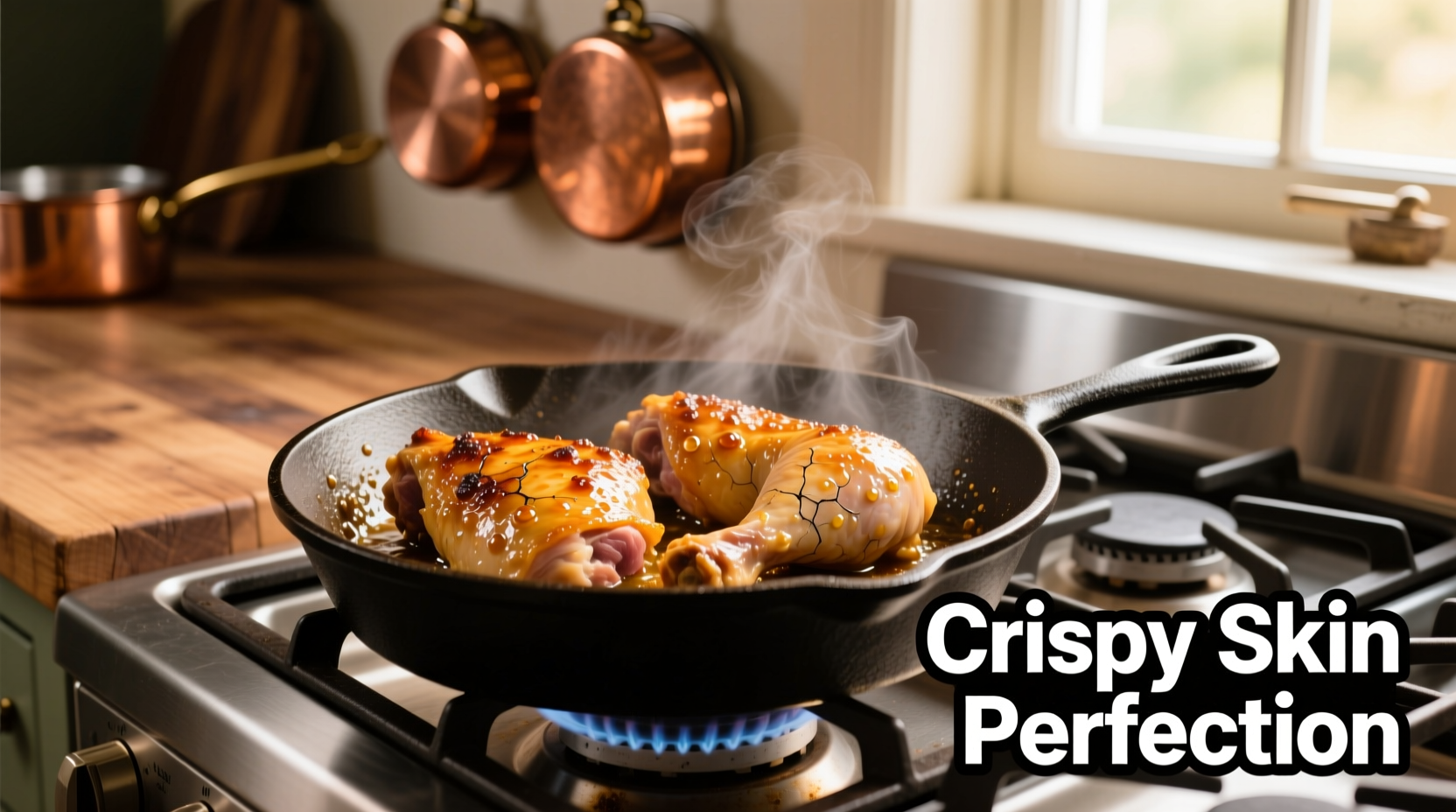 Perfectly cooked chicken thighs with crispy skin on stove