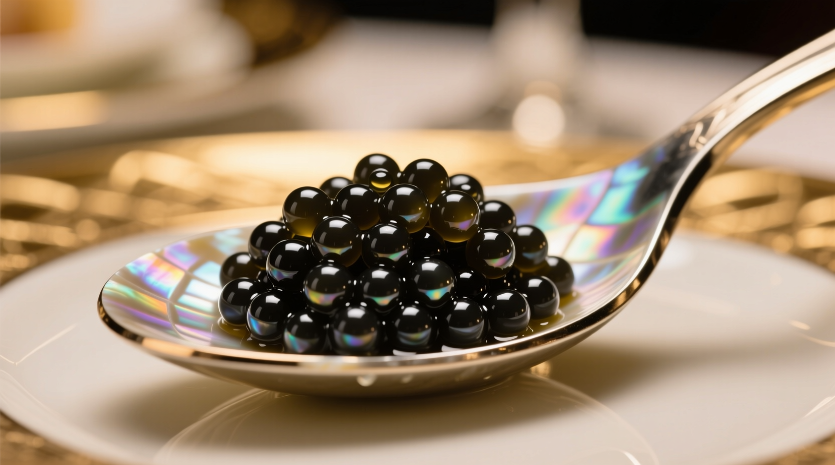 Close-up of glistening black caviar eggs on mother-of-pearl spoon