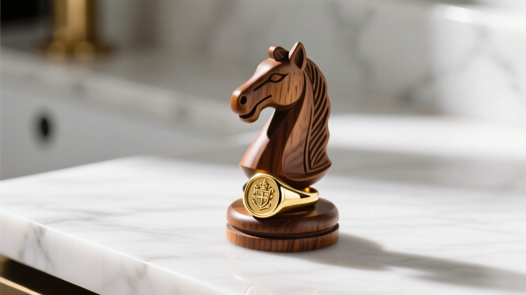 Carved wooden chess knight ring holder displaying a gold signet ring on its base against a bright white marble vanity surface