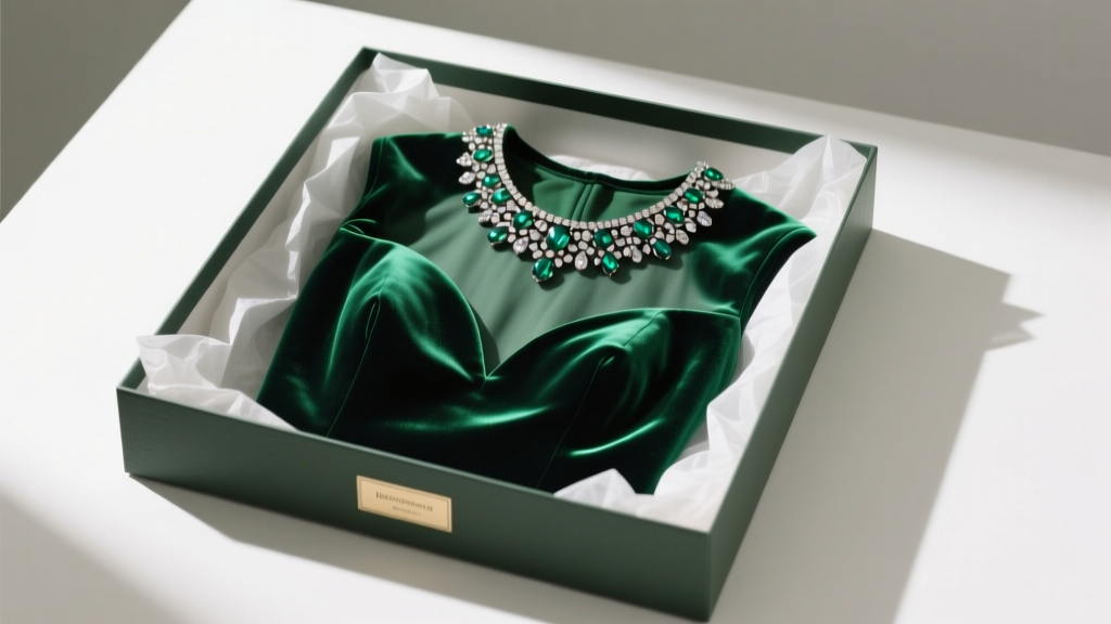 Archival box holding a velvet necklace dress, buffered by acid-free tissue to support the heavy, integrated jeweled collar.