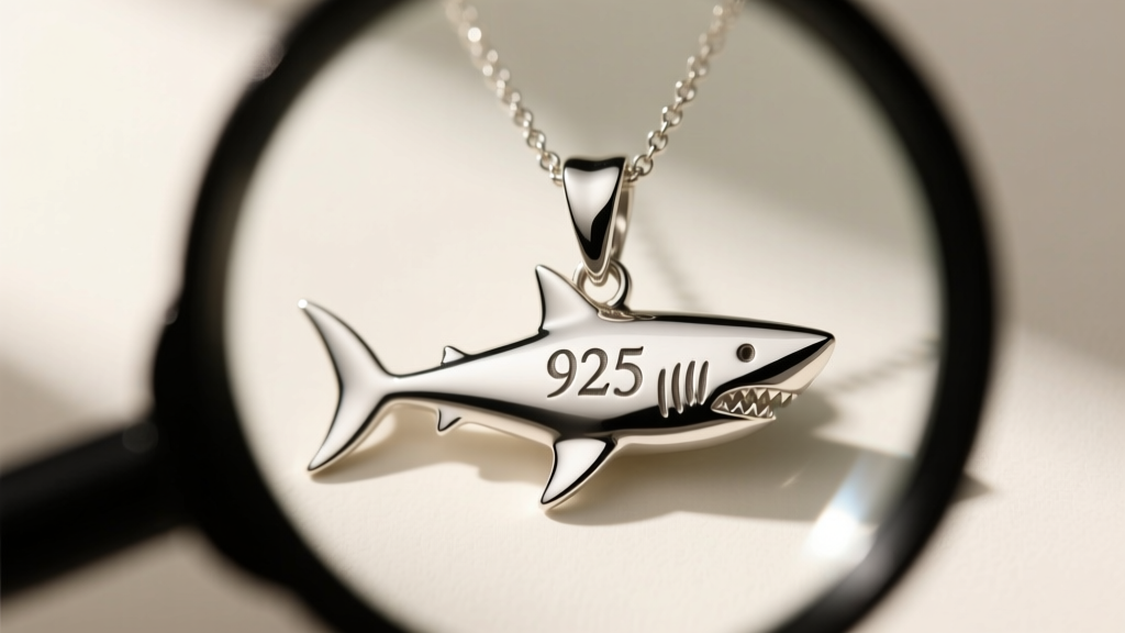 Close-up of a 925 hallmark on a silver shark tooth necklace bail, viewed through a jeweler's loupe in bright light.