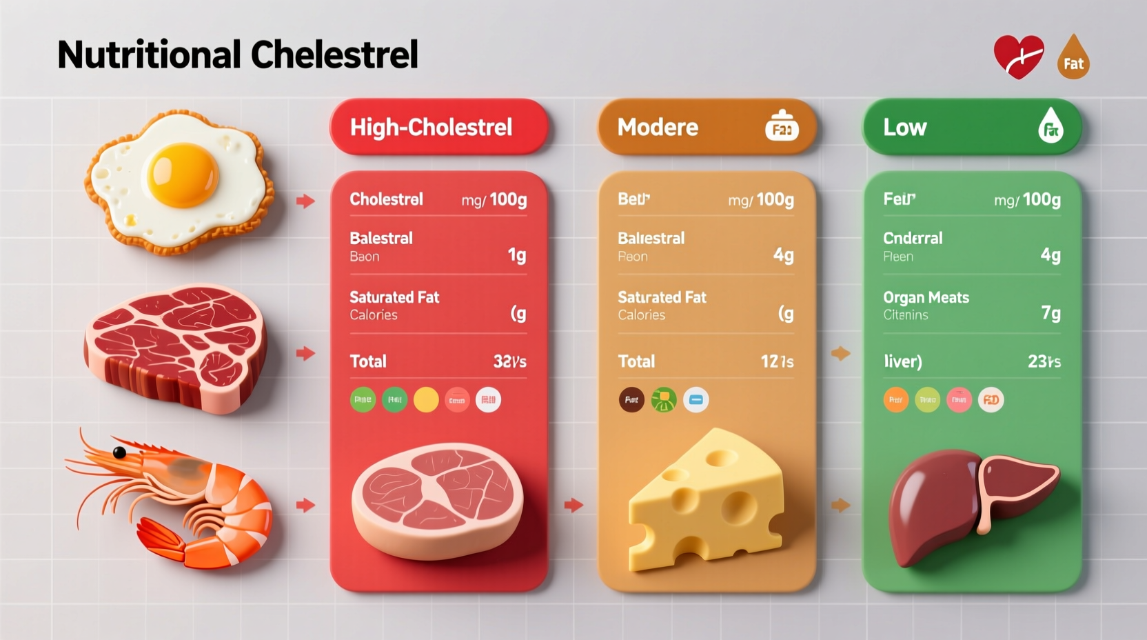 Visual comparison of high-cholesterol foods with nutritional information