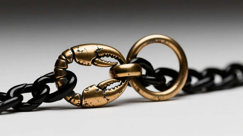 Extreme close-up of a tarnished brass lobster clasp and jump ring on a delicate black chain, highlighting the oxidation and wear