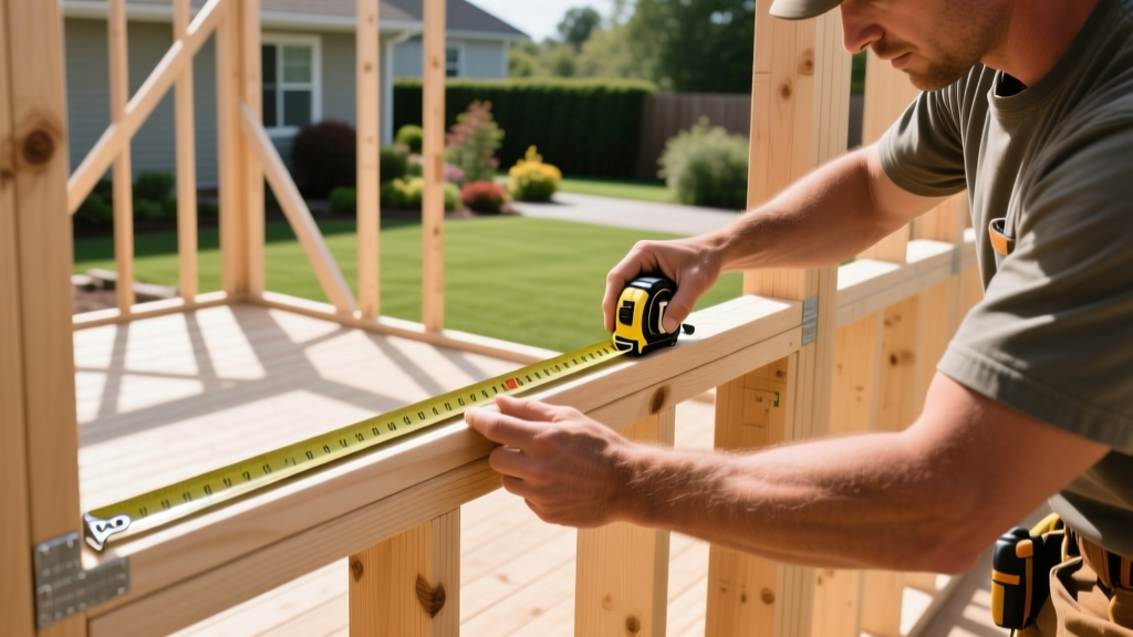 Professional contractor measuring a 144 square foot wooden deck frame during the initial construction phase