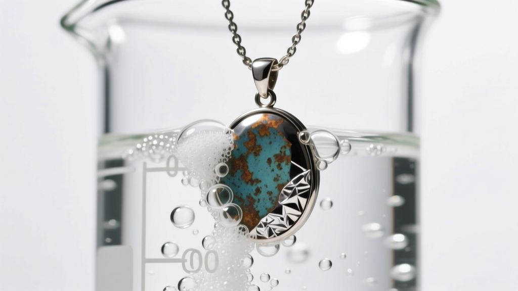 Close-up of an oxidized silver pendant submerged in a bubbling aluminum foil and baking soda bath inside a clear glass beaker