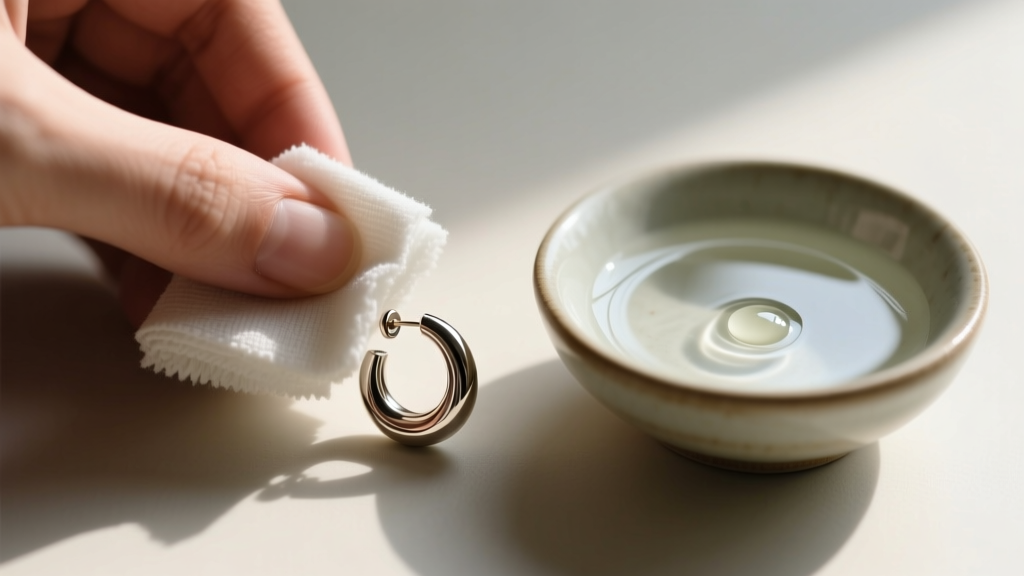 Hands wiping a zinc-alloy earring with a damp microfiber cloth next to a small bowl of distilled water and mild dish soap.