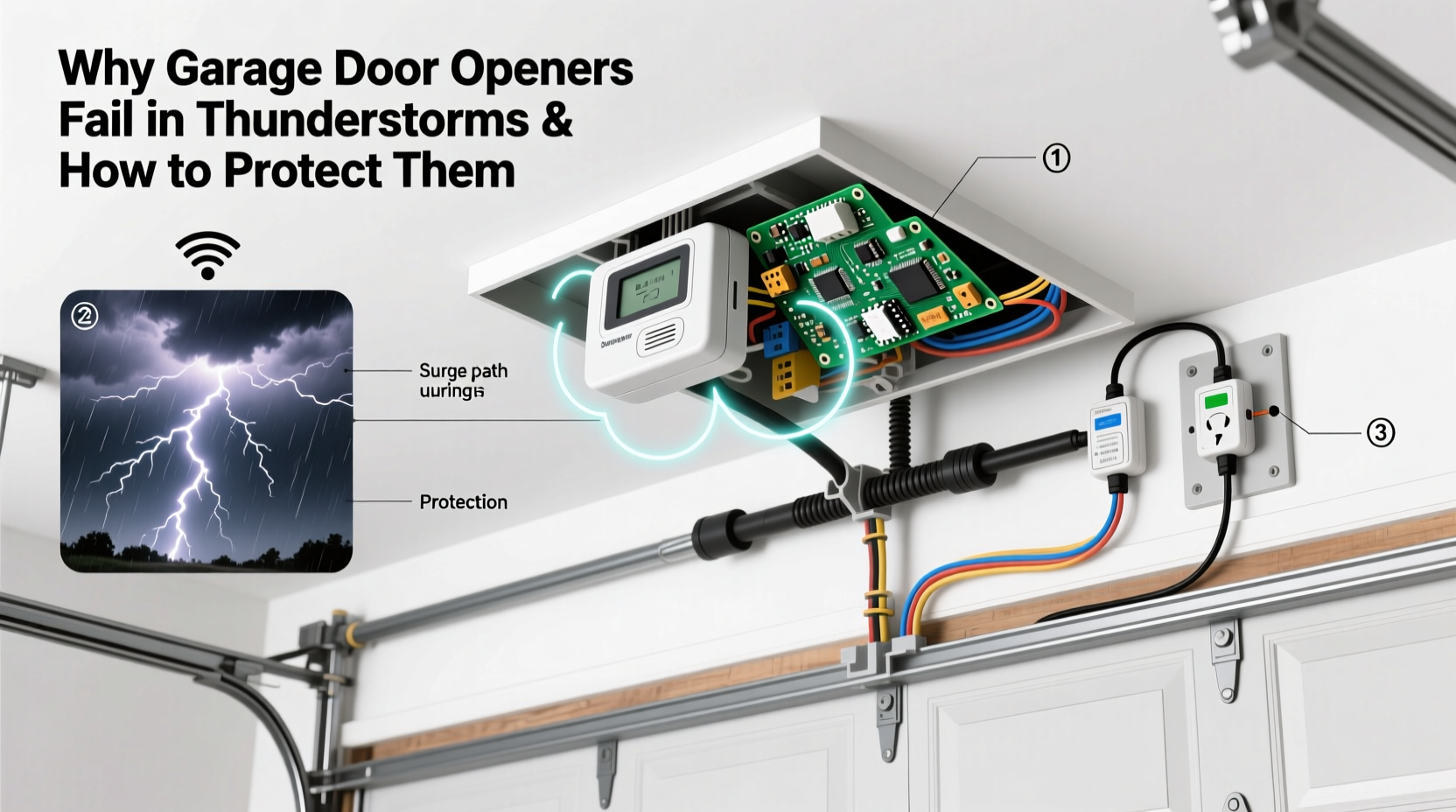 why does my garage door opener fail during thunderstorms and how to protect it