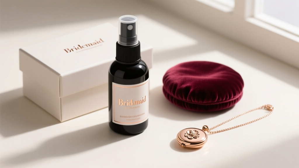 Flat lay bridesmaid gift box featuring custom-labeled jewelry cleaning spray, plush velvet polishing pad, and a rose gold locket.
