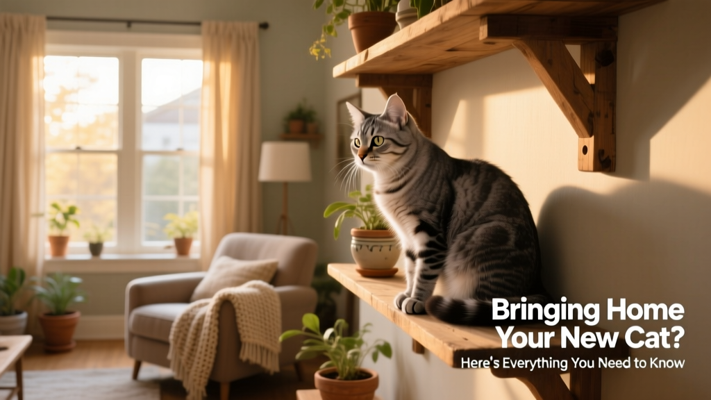 Cat comfortably perched on a wall-mounted shelf overlooking a sunlit living room