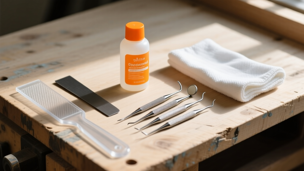 Flat lay of restoration tools including plastic scraper, citrus solvent, dental picks, and microfiber cloth on wooden workbench.