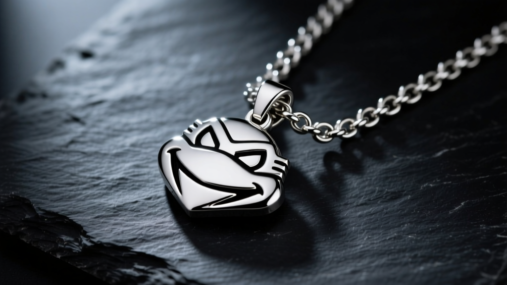 Sterling silver TMNT Leonardo pendant on a 4mm Cuban link chain resting on dark slate with moody studio lighting and sharp focus.