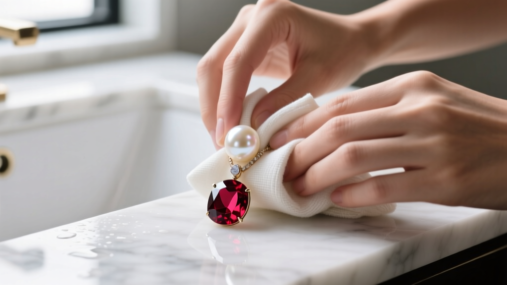 Hands gently wiping a freshwater pearl and pyrope garnet pendant with a damp microfiber cloth over a marble vanity surface