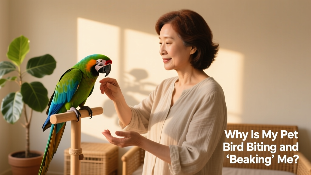 Person calmly placing a small macaw back on its perch after a brief interaction, with relaxed posture and neutral facial expression