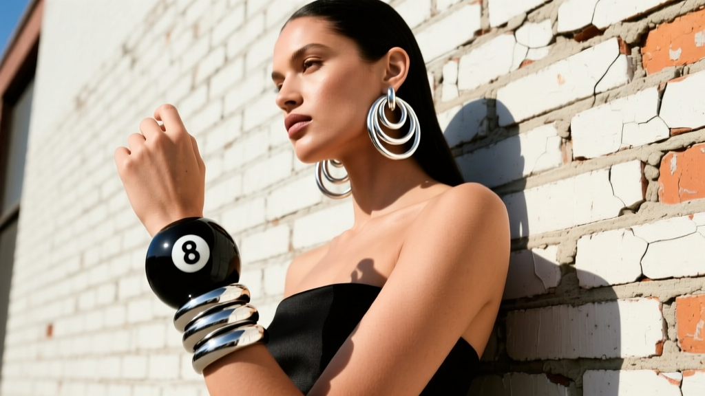 Model wearing layered silver hoops and a black 8-ball helix cuff, shot in bright urban daylight against a textured brick wall.