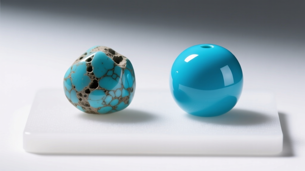 Side-by-side view of a porous untreated turquoise bead and a glossy stabilized turquoise bead on a white gemological testing mat.