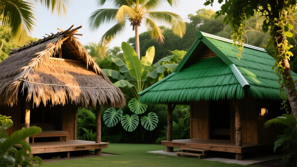 Weathered natural palm thatch and pristine synthetic HDPE thatch tiki hut roofs side-by-side in a lush tropical backyard setting