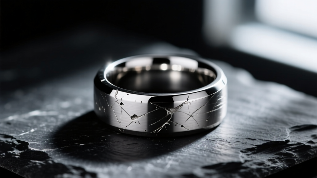 Macro shot of a scratched 316L stainless steel signet ring on dark slate, dramatic side lighting showing surface wear