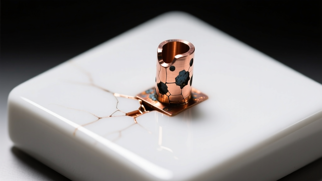 Macro photo of a failed copper solder joint with pitting and oxidation, resting on a ceramic board under harsh studio lighting.