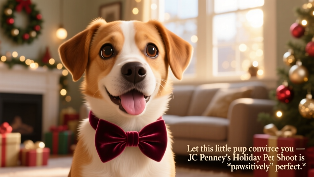 Close-up of Ralphie’s face, tongue lolling slightly, wearing a tiny velvet bowtie, with bokeh lights in the background