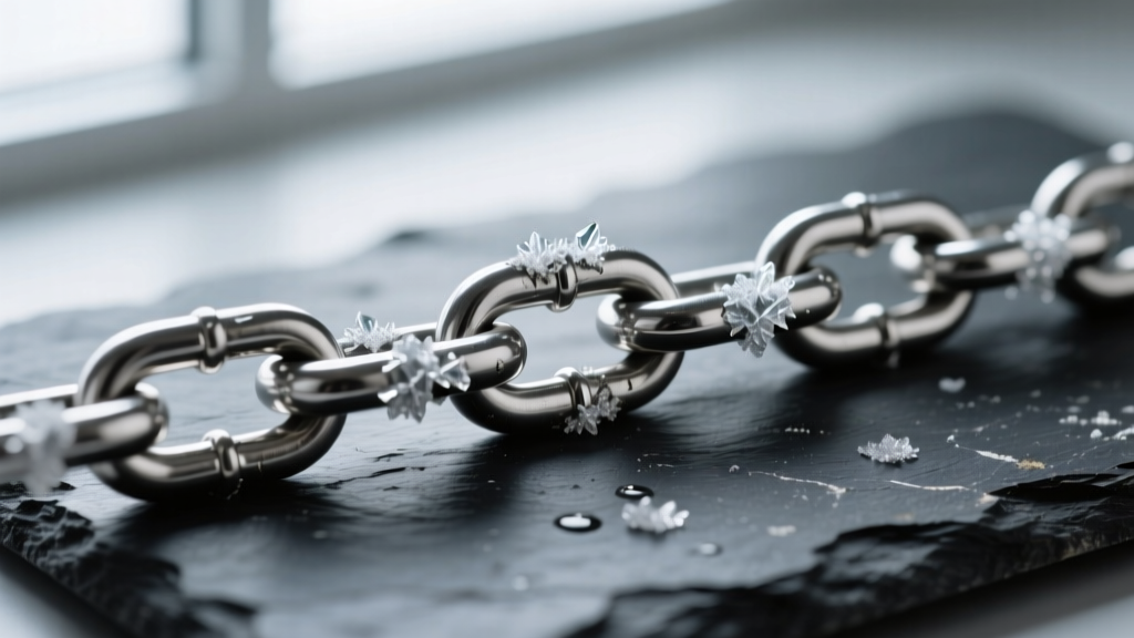 Macro shot of a dull 316L stainless steel chain on dark slate, revealing hard water spots and surface grime under soft lighting