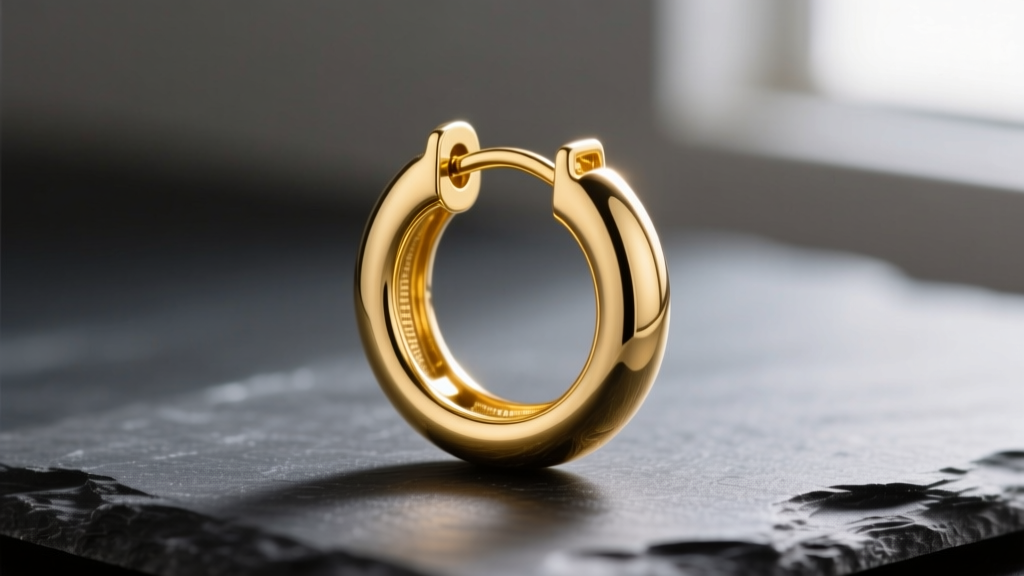 Macro photography of a 30mm 18-karat yellow gold medium hoop earring with a hinged snap clasp resting on a dark slate surface