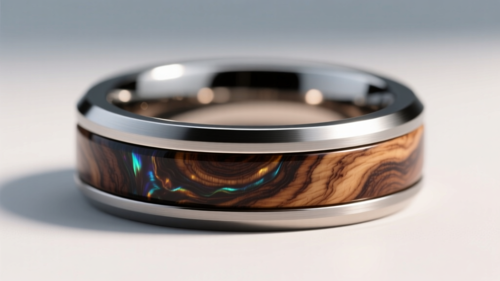 Cross-section of a tungsten ring with stabilized walnut burl core, showing a seamless bezel setting and chatoyant wood grain.